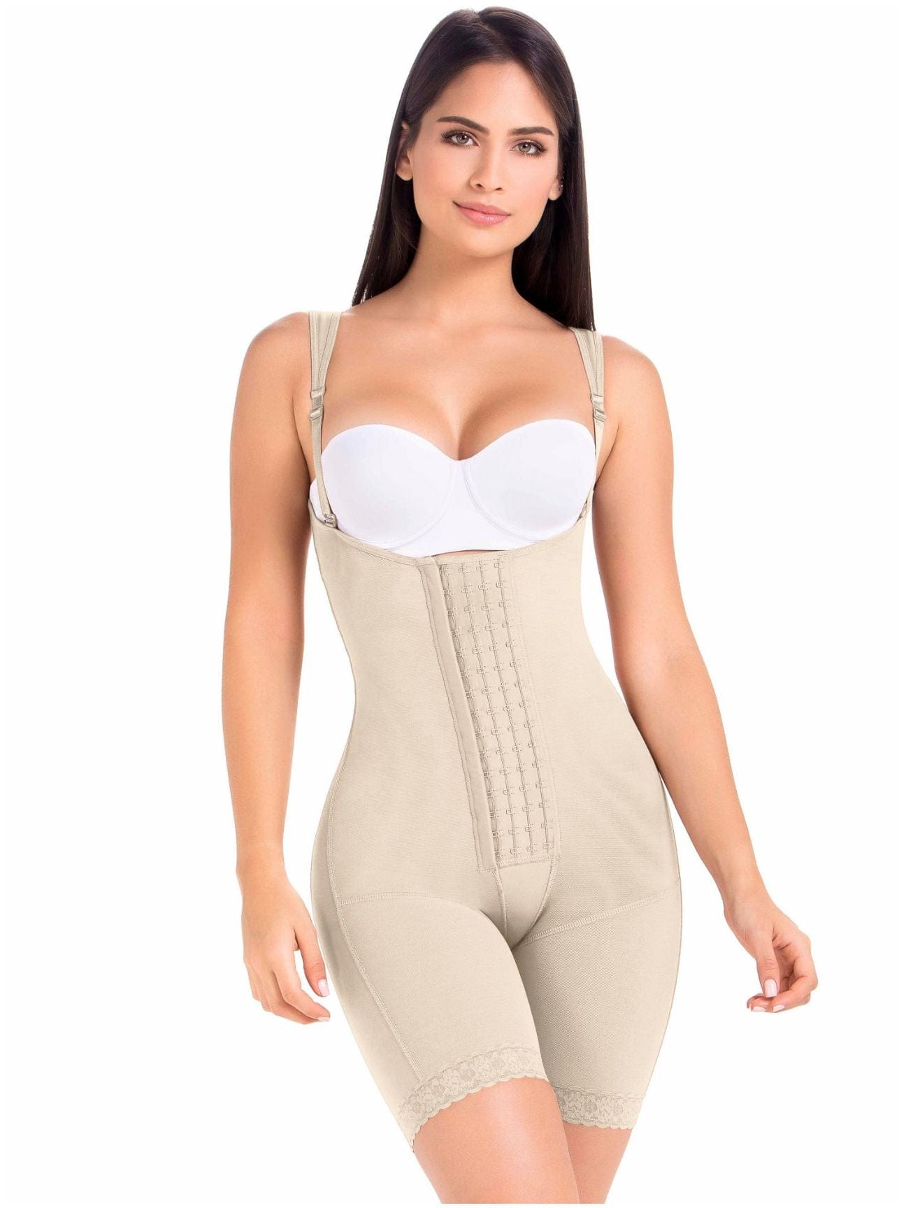 High Compression Wide straps Mid-Thigh Body Suit Slimming Shaper - -Nude-S