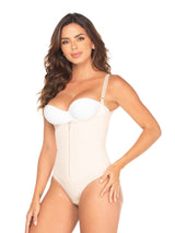 Front view of white high compression thong bodysuit faja with zipper.