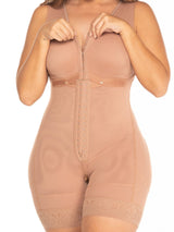 Front view of Beige Sculpting Full Body Shaper with Bra and Hooks.