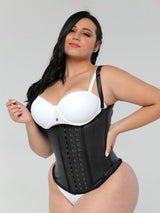Front view of a plus sized model wearing the semi vest latex waist trainer.