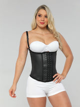 Full upper body view of a model wearing the semi vest latex waist trainer.