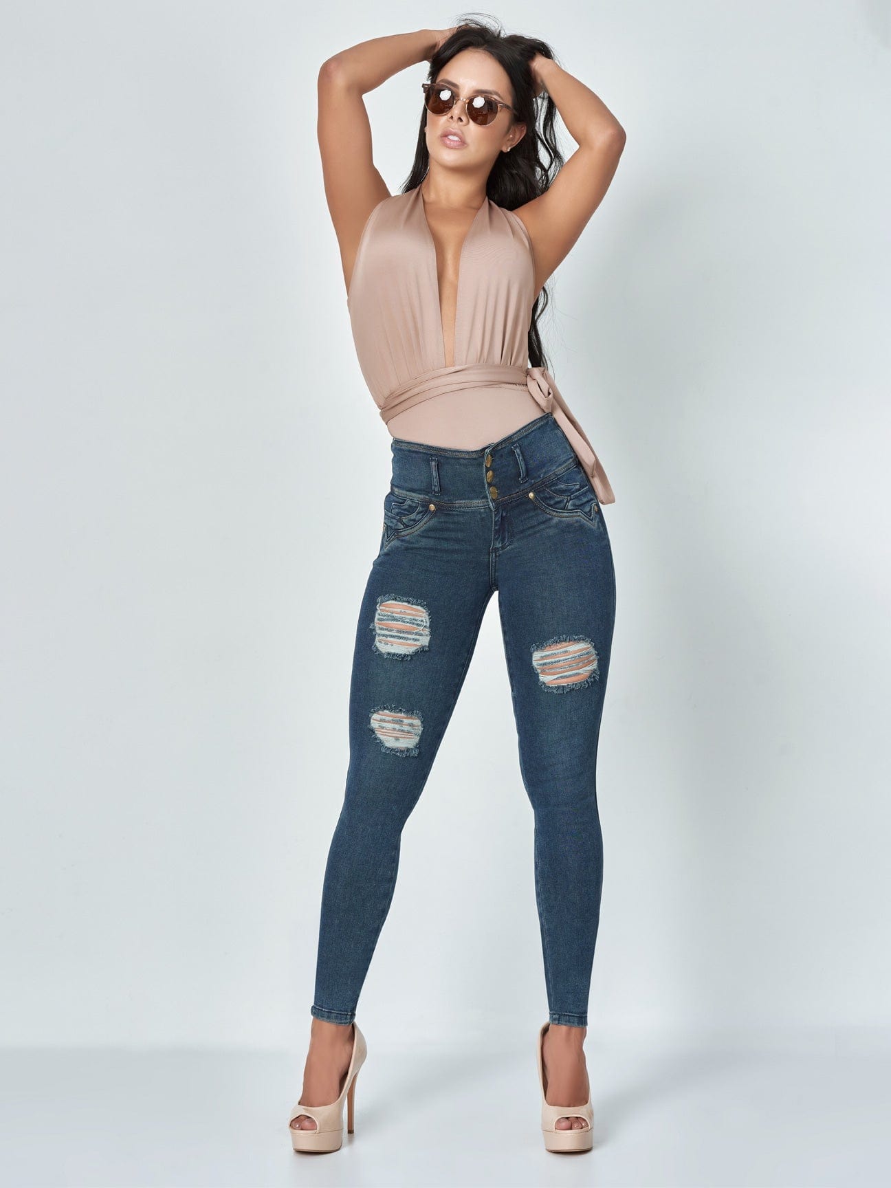 Sasha Butt Lift Dark Blue Ripped Skinny Jeans full body front view.