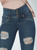 Sasha Butt Lift Dark Blue Ripped Skinny Jeans waist view.