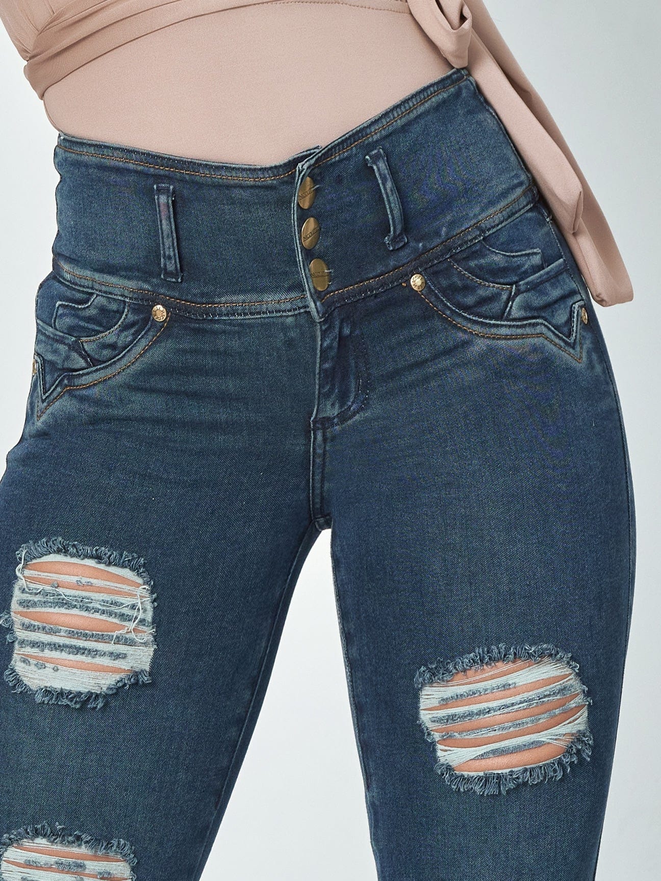 Sasha Butt Lift Dark Blue Ripped Skinny Jeans waist view.