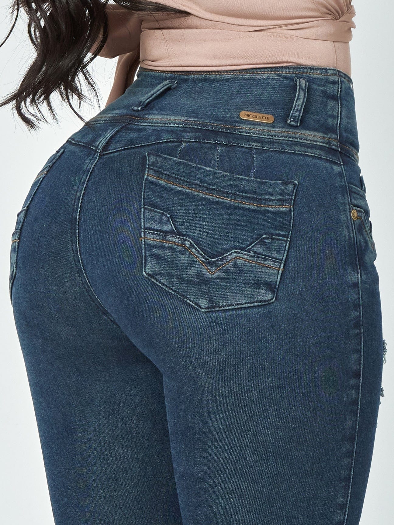 Sasha Butt Lift Dark Blue Ripped Skinny Jeans waist butt view.