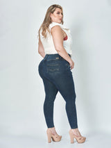 Sasha Butt Lift Dark Blue Ripped Skinny Jeans full body back view plus sized model.