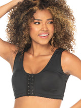 Black colored shapewear bra with central hooks.