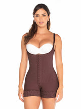 Model wearing a chocolate colored faja with zippers and hooks.