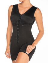 Front view of Black Sculpting Full Body Shaper with Bra and Hooks.